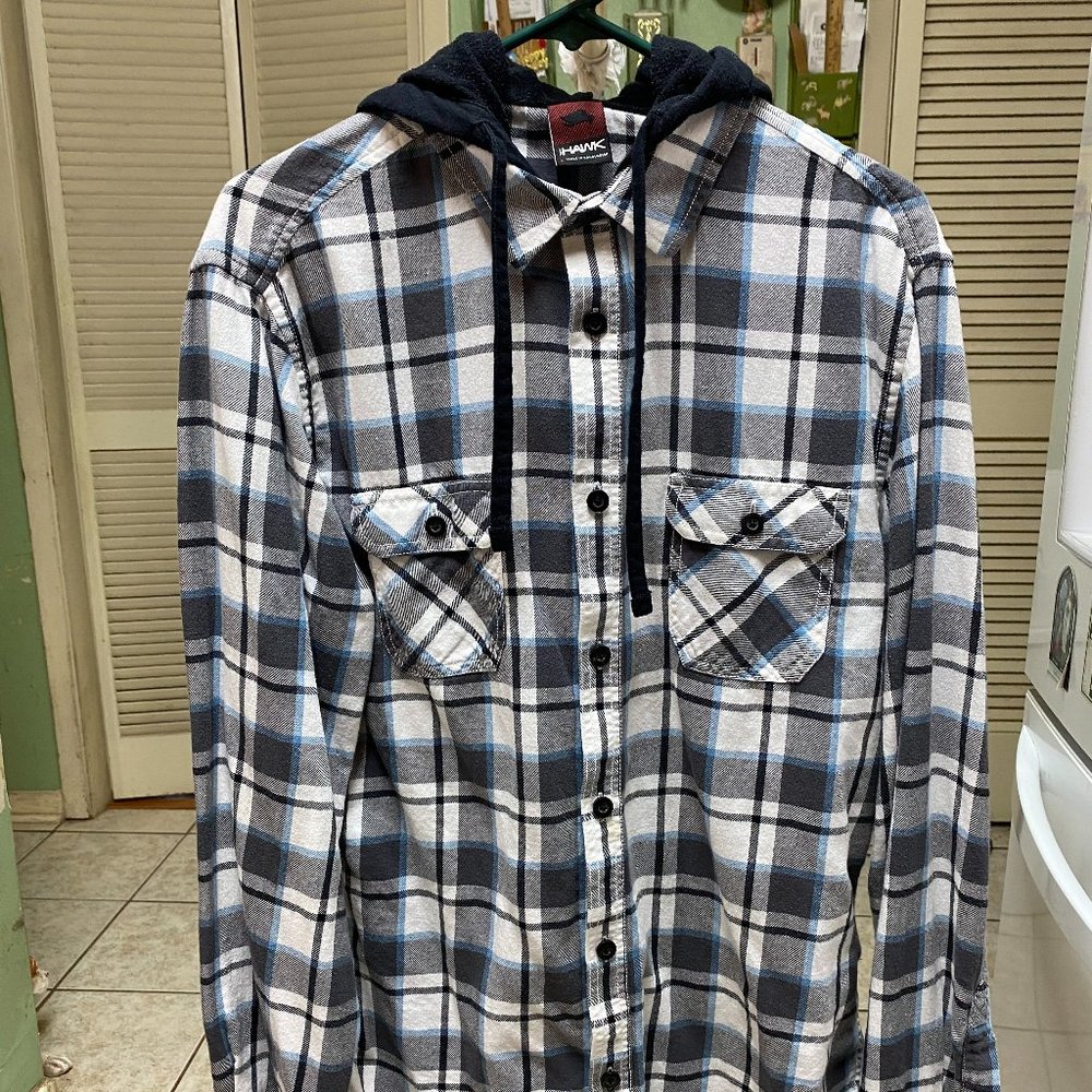 Tony Hawk Button Down Long Sleeve Hooded Shirt – Large